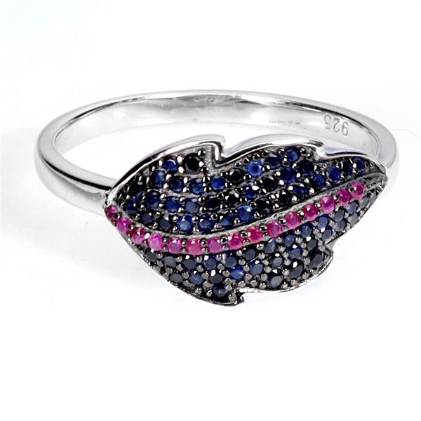 ROUND SAPPHIRE AND DIAMOND CUT RUBY LEAVE-SHAPED RING IN 2-TONE BLACK RHODIUM AND 14K WHITE GOLD OVE