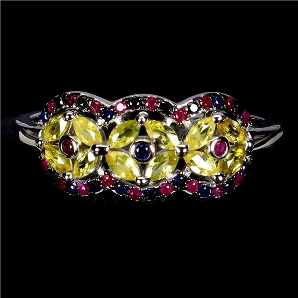 MARQUISE CUT CEYLON SAPPHIRE AND ROUND RUBY RING N 14K WHITE GOLD OVER 925 STERLING SILVER â[x=#8364