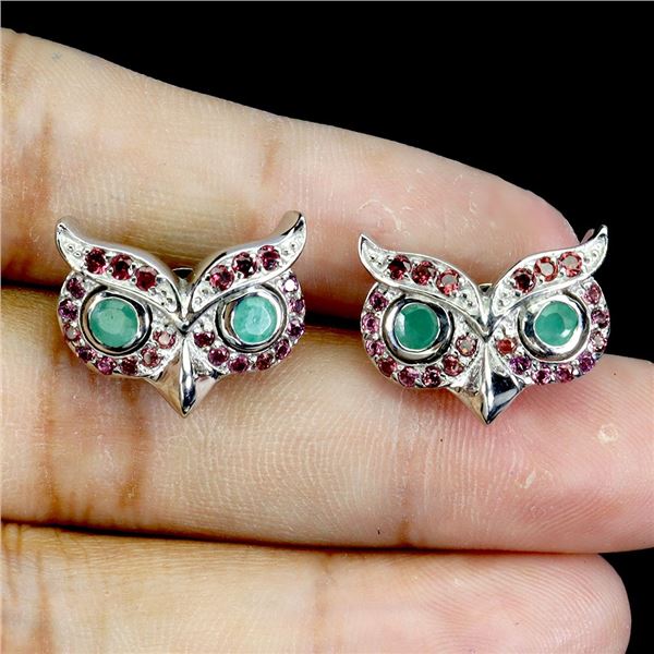 OWL-SHAPED RING WITH EMERALD AND RHODOLITE GARNET EARRINGS IN 14K WHITE GOLD OVER 925 STERLING SILVE