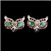 Image 2 : OWL-SHAPED RING WITH EMERALD AND RHODOLITE GARNET EARRINGS IN 14K WHITE GOLD OVER 925 STERLING SILVE