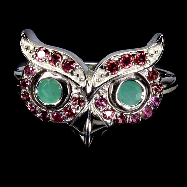 OWL-SHAPED RING WITH EMERALD AND RHODOLITE GARNET RING IN 14K WHITE GOLD OVER 925 STERLING SILVER â[