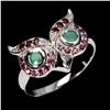 Image 2 : OWL-SHAPED RING WITH EMERALD AND RHODOLITE GARNET RING IN 14K WHITE GOLD OVER 925 STERLING SILVER â[