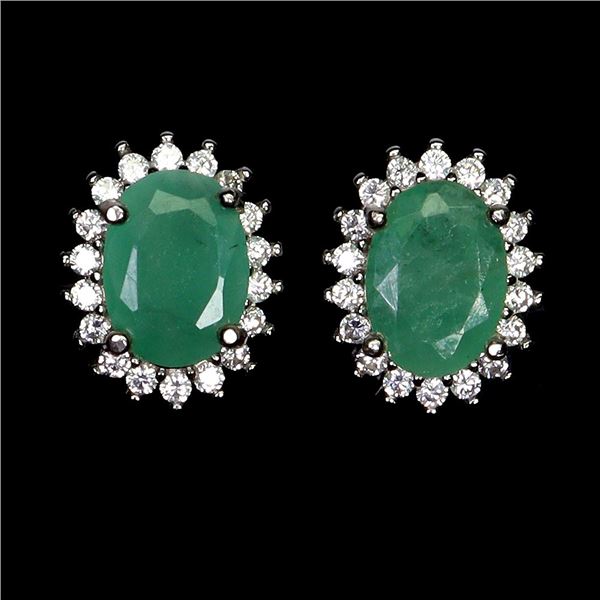 7X5 MM OVAL CUT EMERALD AND CZ EARRINGS IN 14K WHITE GOLD OVER 925 STERLING SILVER â€[x=#82