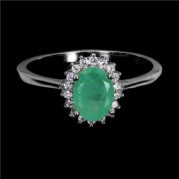 7X5 MM OVAL CUT EMERALD AND CZ RING IN 14K WHITE GOLD OVER 925 STERLING SILVER â€“