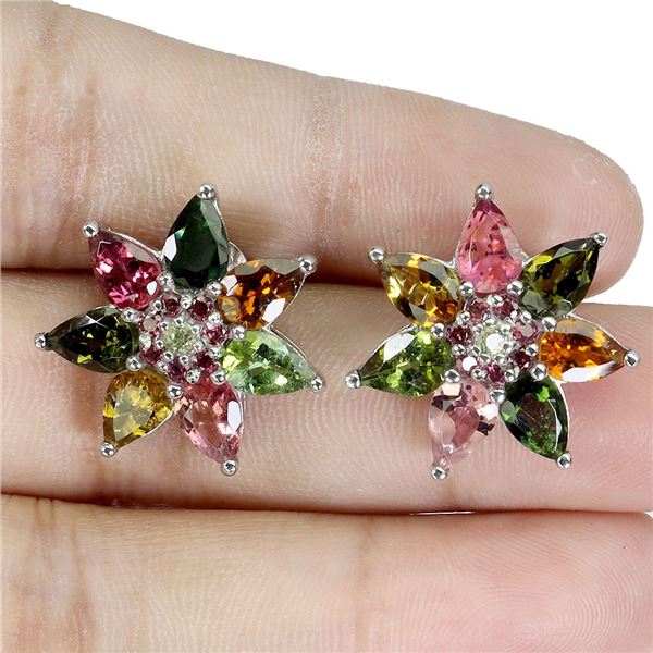 MULTI-COLOR TOURMALINE, PERIDOT AND RHODOLITE GARNET EARRINGS N 14K WHITE GOLD OVER 925 STERLING SIL