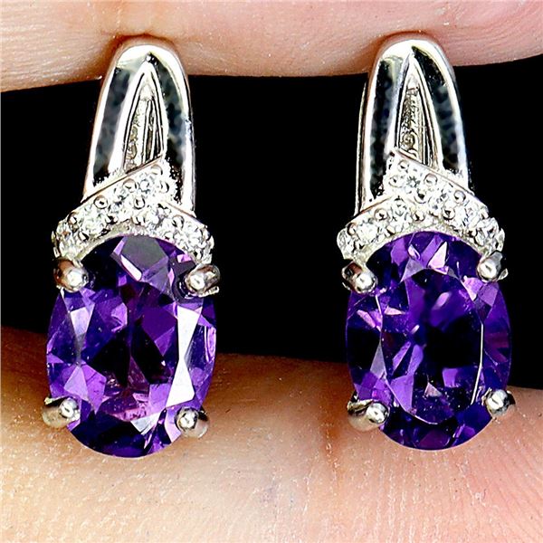BIG 8X6 MM OVAL CUT AMETHYST EARRINGS IN 14K WHITE GOLD OVER 925 STERLING SILVER â€[x=#8220