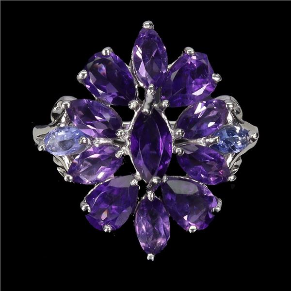 FLOWER SHAPED AMETHYST AND TANZANITE RING IN 14K WHITE GOLD OVER 925 STERLING SILVER - SIZE 8 - APPR