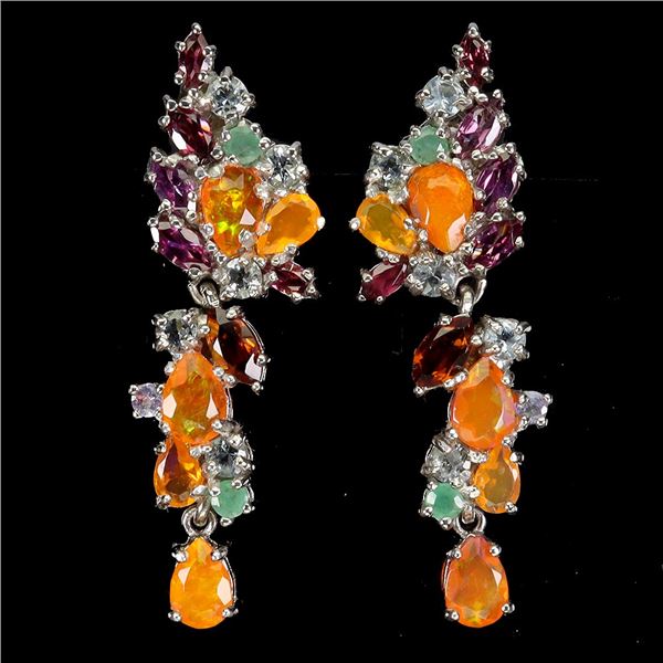 RICH ORANGE FIRE OPAL, CITRINE, EMERALD, RHODOLITE GARNET AND TANZANITE EARRINGS IN 14K WHITE GOLD O