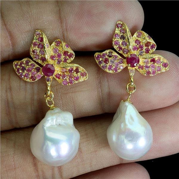 RUBY AND NATURAL BIG PEARLS EARRINGS IN 14K WHITE GOLD OVER 925 STERLING SILVER â€[x=#8220/