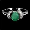 Image 1 : 7X5 MM OVAL CUT EMERALD AND CZ RING IN 14K WHITE GOLD OVER 925 STERLING SILVER - SIZE 7 - APPRAISED 