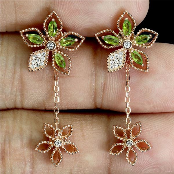 FLOWER-SHAPED CHROME DIOPSIDE EARRINGS IN 14K ROSE GOLD OVER 925 STERLING SILVER - APPRAISED REPLACE