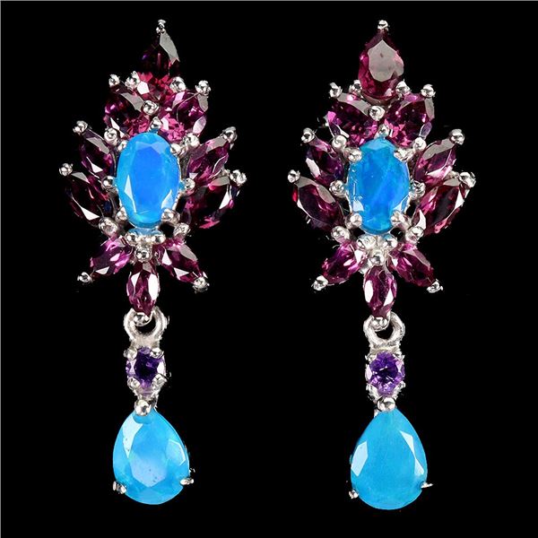 7X5 MM PEAR CT BLUE OPAL, AMETHYST AND RHODOLITE GARNET EARRINGS IN 14K WHITE GOLD OVER 925 STERLING