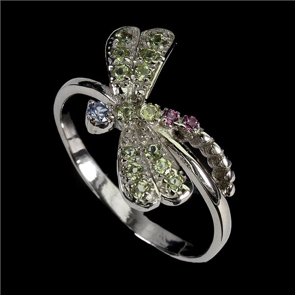 BUTTERFLY-SHAPED PERIDOT, RHODOLITE GARNET AND TANZANITE RING IN 14K WHITE GOLD OVER 925 STERLING SI
