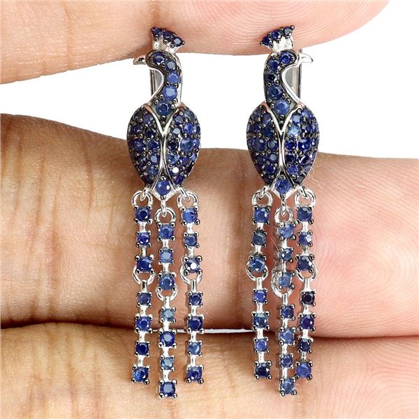 PEACOCK-SHAPED EARRINGS WITH DIAMOND CUT BLUE SAPPHIRE IN 2-TONE BLACH RHODIUM AND 14K WHITE GOLD OV