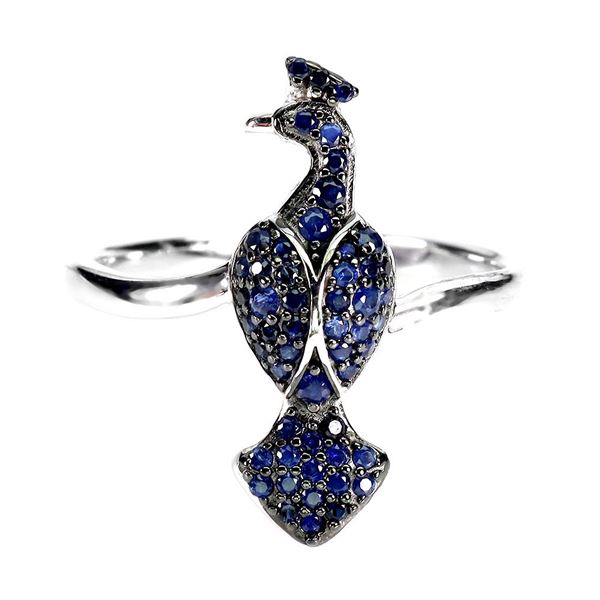 PEACOCK-SHAPED RING WITH DIAMOND CUT BLUE SAPPHIRE IN 2-TONE BLACH RHODIUM AND 14K WHITE GOLD OVER 9