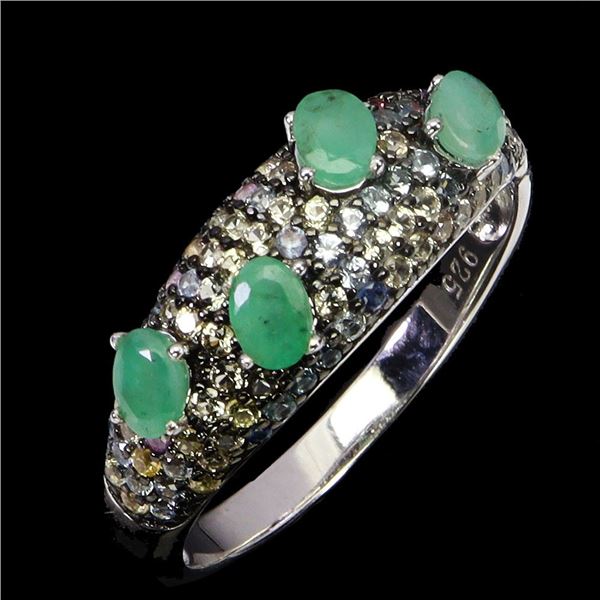 EMERALD AND DIAMOND CUT SAPPHIRE RING IN 14K WHITE GOLD OVER 925 STERLING SILVER â€[x=#8220