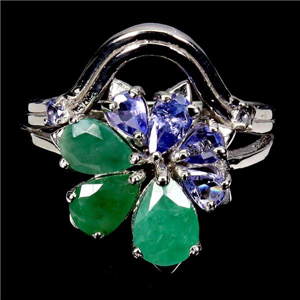 BIG 7X5 PEAR CUT EMERAL AND TANZANITE RING IN 14K WHITE GOLD OVER 925 STERLING SILVER â€[x=