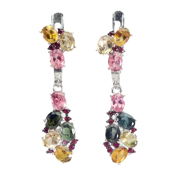 TOURMALINE AND DIAMOND CUT RUBY EARRINGS IN 14K WHITE GOLD OVER 925 STERLING SILVER - APPRAISED REPL