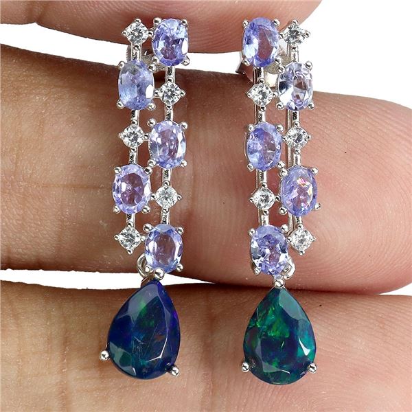 PEAR CUT BLACK OPAL AND TANZANITE EARRINGS IN 14K WHITE GOLD OVER 925 STERLING SILVER APPRAISED REPL