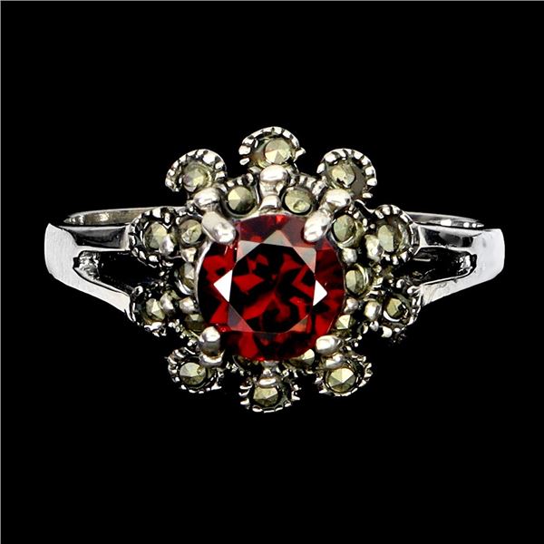 MOZAMBIQUE GARNET AND MARCASITE RING IN 14K WHITE GOLD OVER 925 STERLING SILVER â€[x=#8220/
