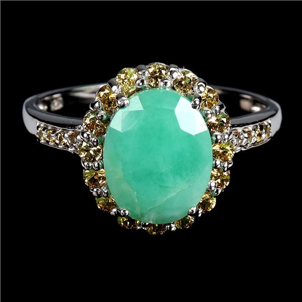 BIG 10X8 MM EMERALD AND SAPPHIRES RING IN 14K WHITE GOLD OVER 925 STERLING SILVER â€[x=#822