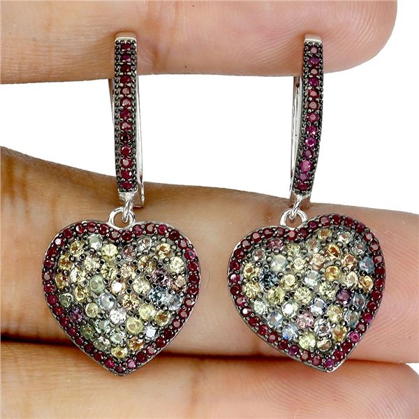 MULTI-COLOR ROUND DIAMOND CUT SAPPHIRE EARRINGS IN 2-TONE BLACK RHODIUM AND 14K WHITE GOLD OVER 925 