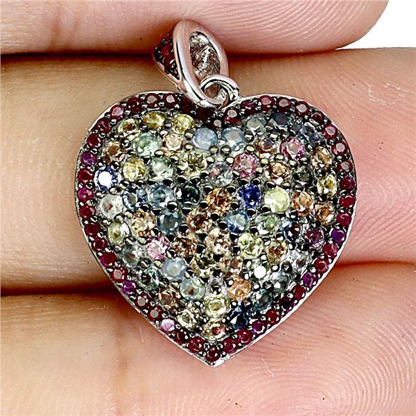 MULTI-COLOR ROUND DIAMOND CUT SAPPHIRE PENDANT IN 2-TONE BLACK RHODIUM AND 14K WHITE GOLD OVER 925 S