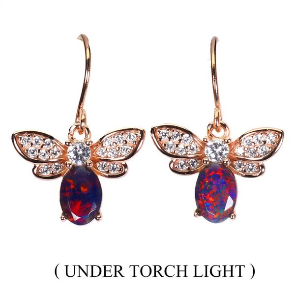 VALUABLE BLACK OPAL AND CZ EARRINGS IN 14K WHITE GOLD OVER 925 STERLING SILVER - APPRAISED REPLACEME