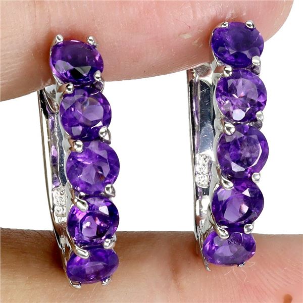 4 MM ROUND CUT AMETHYST EARRINGS IN 14K WHITE GOLD OVER 925 STERLING SILVER - APPRAISED REPLACEMENT 