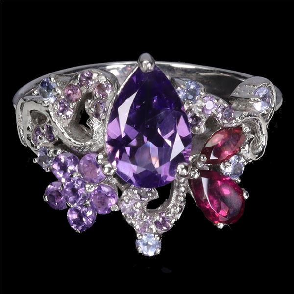 AMETHYST, RHODOLITE GARNET AND TANZANITE RING IN 14K WHITE GOLD OVER 925 STERLING SILVER - SIZE 8 - 