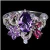 Image 1 : AMETHYST, RHODOLITE GARNET AND TANZANITE RING IN 14K WHITE GOLD OVER 925 STERLING SILVER - SIZE 8 - 