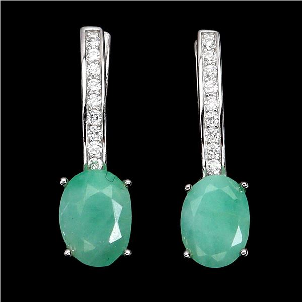 8X6 MM OVAL CUT EMERALD EARRINGS IN 14K WHITE GOLD OVER 925 STERLING SILVER - APPRAISED REPLACEMENT 