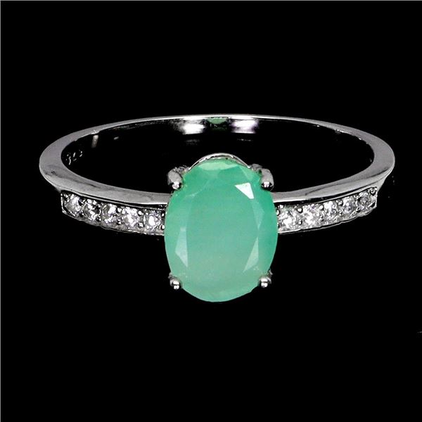 8X6 MM OVAL CUT EMERALD RING IN 14K WHITE GOLD OVER 925 STERLING SILVER â€“ SIZE 8