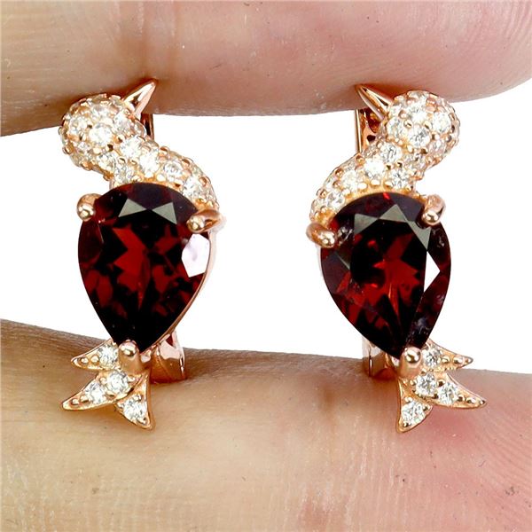 BIRD-SHAPED MOZAMBIQUE GARNET AND CZ EARRINGS IN 14K ROSE GOLD OVER 925 STERLING SILVER - APPRAISED 