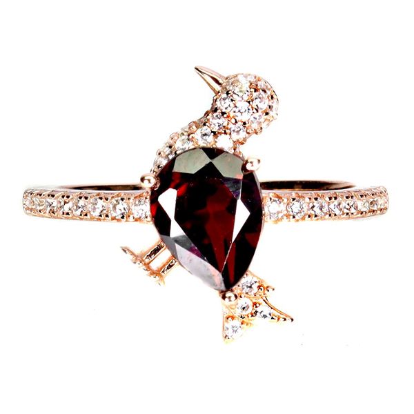 BIRD-SHAPED MOZAMBIQUE GARNET AND CZ RING IN 14K ROSE GOLD OVER 925 STERLING SILVER â€[x=#8