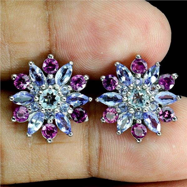 SUPERB TANZANITE, RHODOLITE GARNET AND SKY BLUE TOPAZ EARRINGS IN 14K WHITE GOLD OVER 925 STERLING S