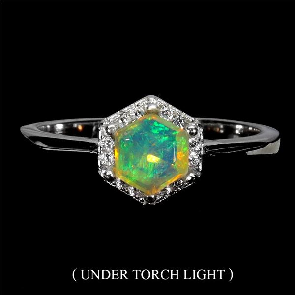 6 MM CRYSTAL OPAL FULL PLAY OF COLOR RING IN 14K WHITE GOLD OVER 925 STERLING SILVER - SIZE 6 - APPR