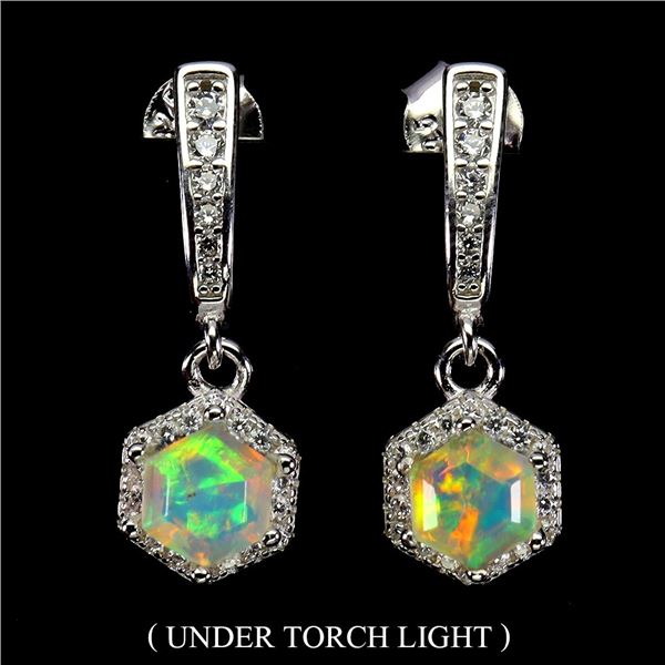 6 MM CRYSTAL OPAL FULL PLAY OF COLOR EARRINGS IN 14K WHITE GOLD OVER 925 STERLING SILVER - APPRAISED