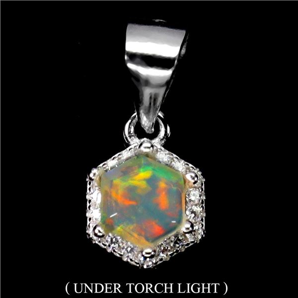 6 MM CRYSTAL OPAL FULL PLAY OF COLOR PENDANT IN 14K WHITE GOLD OVER 925 STERLING SILVER - APPRAISED 
