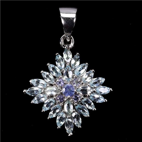 MARQUISE CUT SKY BLUE TOPAZ AND TANZANITE PENDANT IN 14K WHITE GOLD OVER 925 STERLING SILVER - APPRA