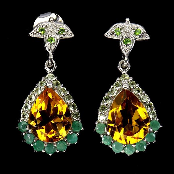 BIG 10X8 MM PEAR CUT CITRINE, EMERALD, PERIDOT AND SAPPHIRE EARRINGS IN 14K WHITE GOLD OVER 925 STER