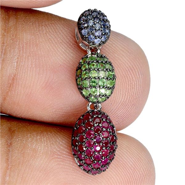 BEAUTIFUL TSAVORITE GARNET, RUBY AND SAPPHIRE PENDANT IN 2-TONE BLACK-RHODIUM AND 14K WHITE GOLD OVE