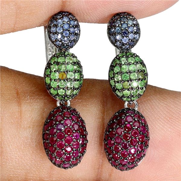 EXQUISITE TSAVORITE GARNET, RUBY AND SAPPHIRE EARRINGS IN 2-TONE BLACK-RHODIUM AND 14K WHITE GOLD OV