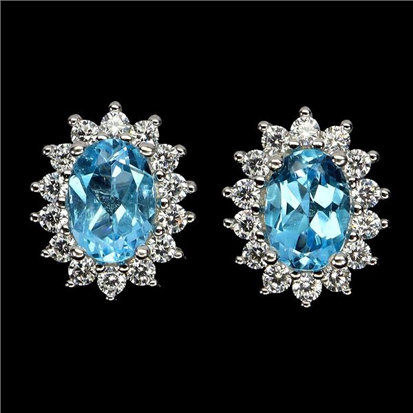7X5 MM SWISS BLUE TOPAZ AND CZ EARRINGS IN 14K WHITE GOLD OVER 925 STERLING SILVER