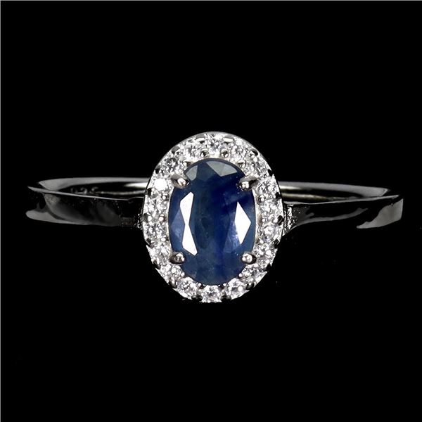 6X4 MM DARK BLUE SAPPHIRE RING IN 14K WHITE GOLD OVER 925 STERLING SILVER - SIZE 8.5