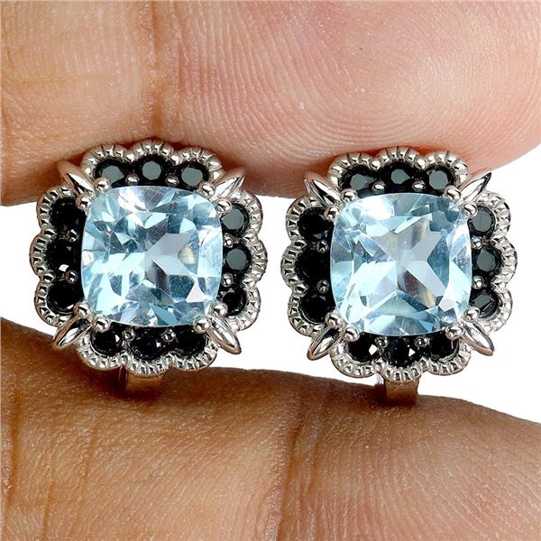 7MM CUSHION CUT SKY BLUE TOPAZ AND BLACK SPINEL EARRINGS IN 14K WHITE GOLD OVER 925 STERLING SILVER 