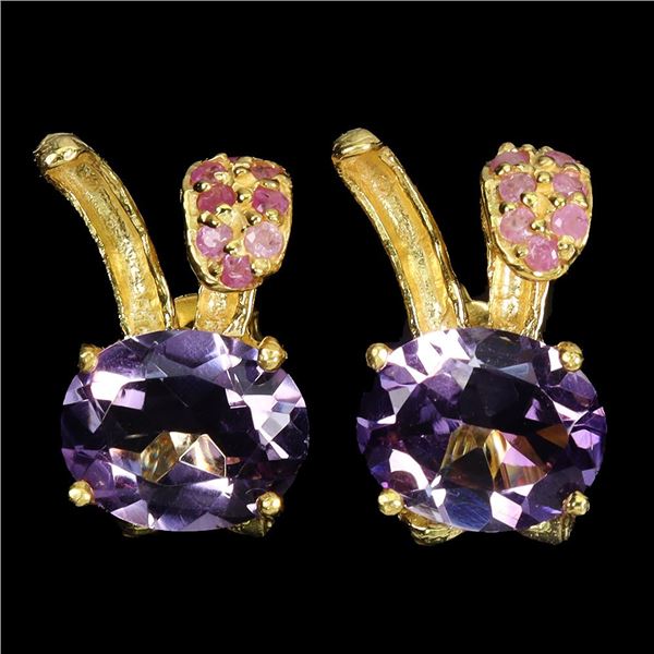 10X8 MM AMETHYST AND RUBY EARRINGS IN 14K WHITE GOLD OVER 925 STERLING SILVER - APPRAISED REPLACEMEN