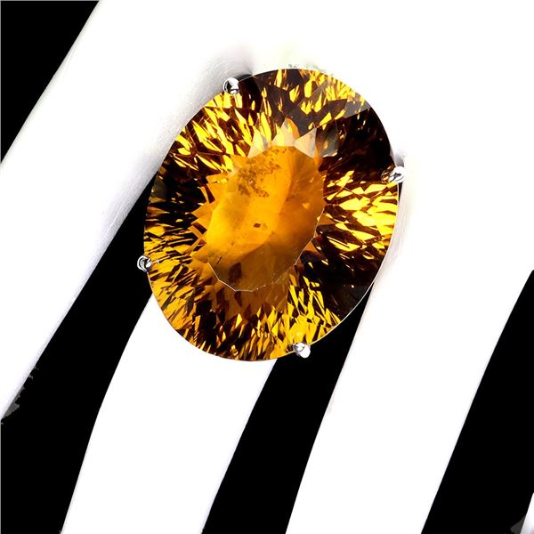 HUGE 58 CT. CONCAVE CUT CITRINE RING IN 14K WHITE GOLD OVER 925 STERLING SILVER - SIZE 7 - APPRAISED