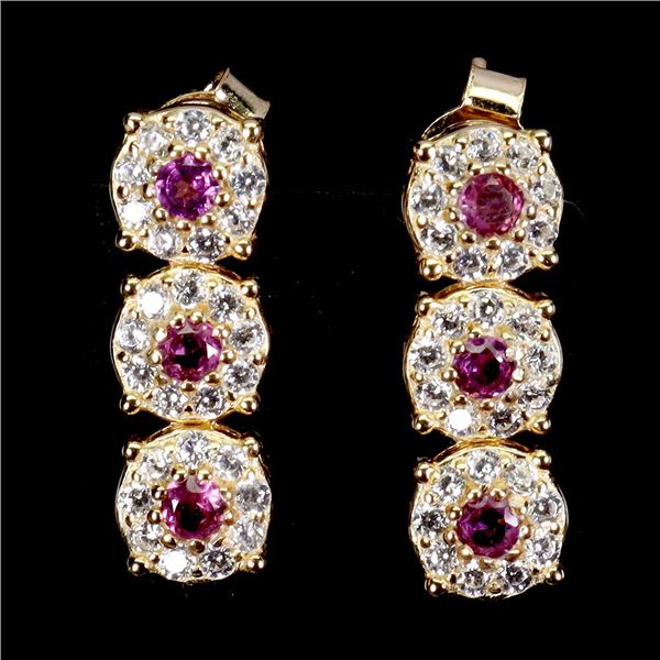 RHODOLITE GARNET AND CZ EARRINGS IN 14K WHITE GOLD OVER 925 STERLING SILVER - APPRAISED REPLACEMENT 