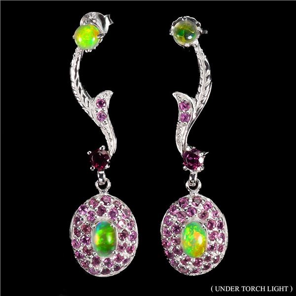 FULL FLASH 6X4 MM OPAL AND RHODOLITE GARNET EARRINGS IN 14K WHITE GOLD OVER 925 STERLING SILVER - AP